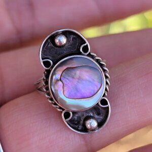 Vintage 1960s Taxco eagle mark 2 ornate abalone shell 925 sterling silver ring